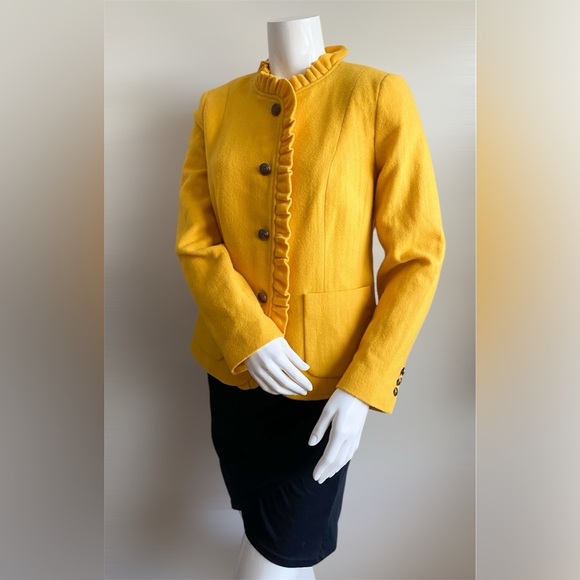 Talbots Yellow Wool Blazer Jacket Ruffle Career Vibrant Preppy Retro Modest 10 - Picture 4 of 12